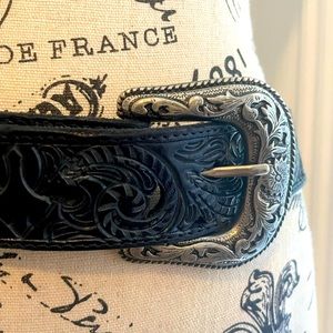 Black Genuine Leather Womans Belt with Silver Buckle
